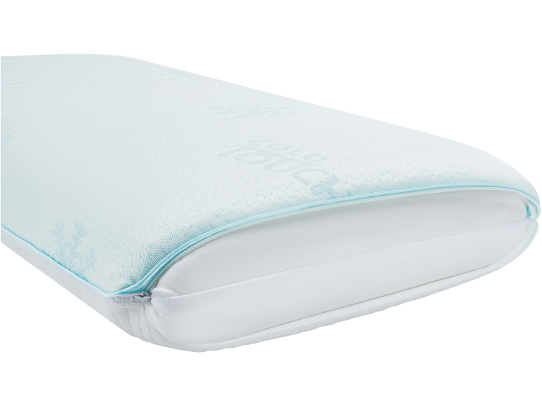 Cooling pillow with the inscription «COLD TOUCH» on a light blue cover.