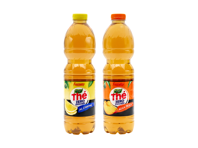 Two bottles of sugar-free iced tea, one lemon and one peach.