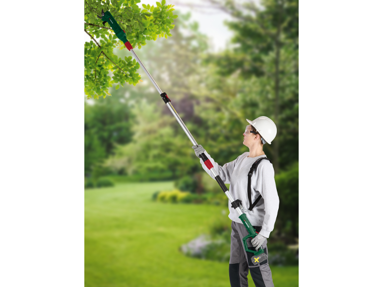 Woman pruning a tree with a cordless telescopic pole pruner in a garden.