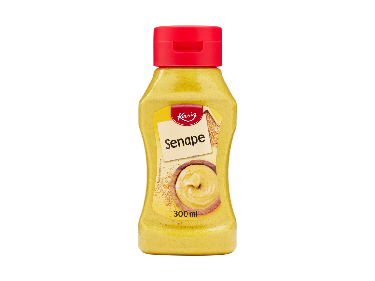 Yellow mustard bottle with a red cap, featuring a bowl of mustard and seeds.
