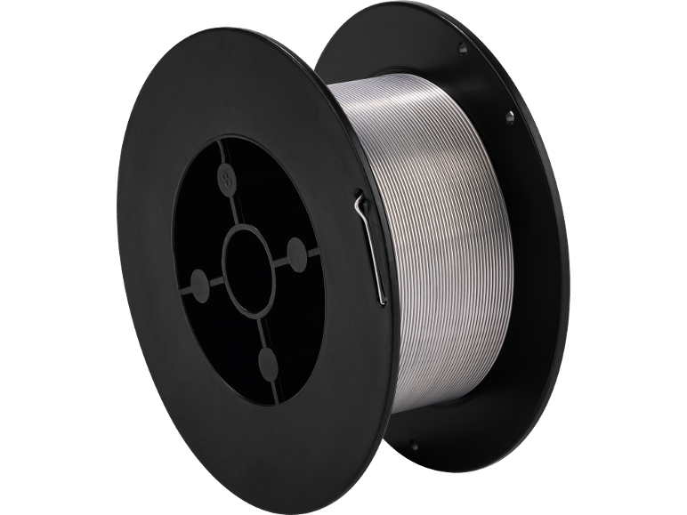 Silver metallic welding wire spool on a black background.