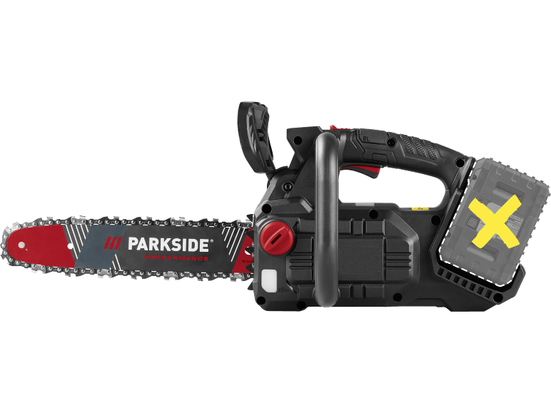 Cordless chainsaw with a removable battery and a red guide bar.
