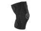 Black knee brace with reinforced padding and adjustable straps.
