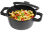 Pot with farfalle pasta, tomatoes, peppers, and peas, with an open lid