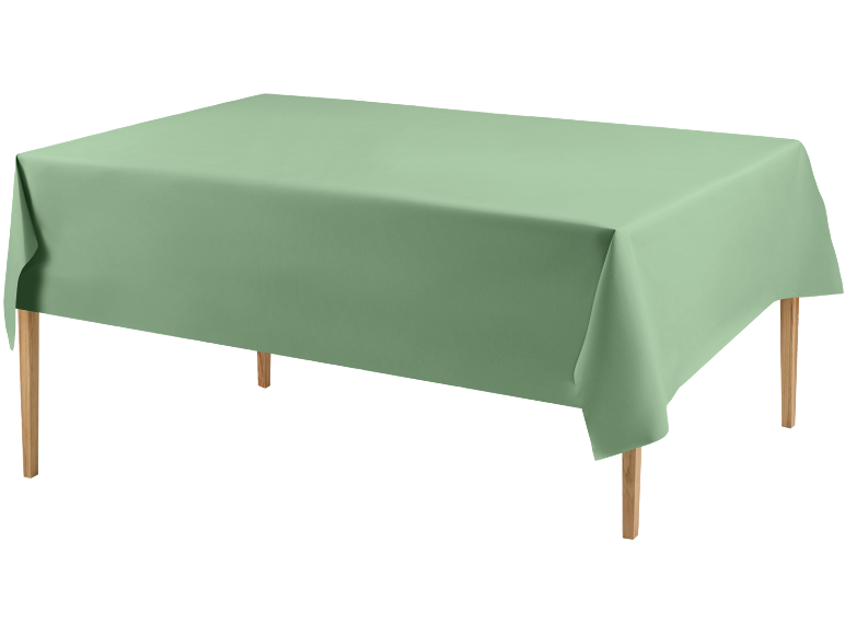 Green tablecloth on a wooden table.