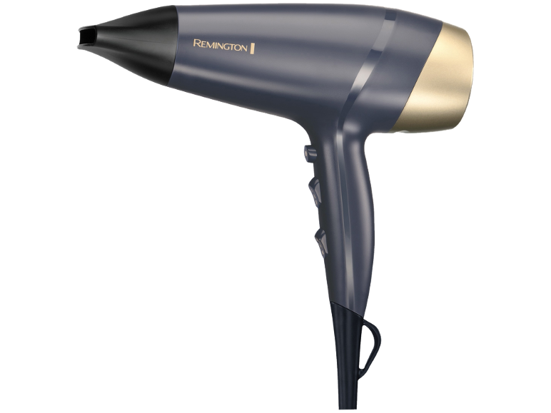 Dark blue hairdryer with gold and black accents.