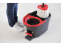 Mop bucket with pedal wringer and mop, with a person standing next to it.