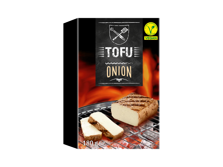 Grilled onion tofu packaging with V-Label Vegan seal and 180 g.