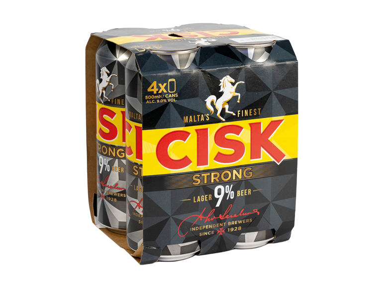 Four-pack of 500ml cans of strong 9% lager, with a white horse on the packaging.
