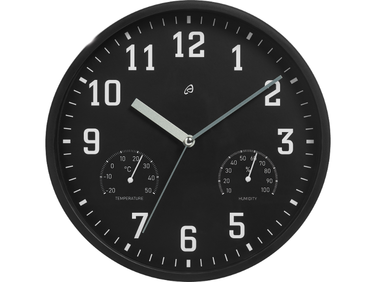Wall clock with thermometer and hygrometer, showing 9:50.