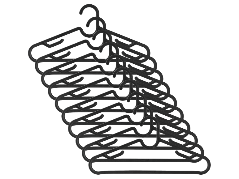 Stack of black plastic clothes hangers, layered on top of each other.