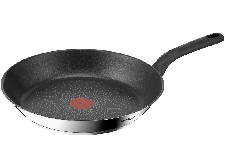 Non-stick frying pan with a black cooking surface and silver exterior.