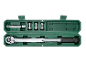 Torque wrench set with extension bar and three sockets (21mm, 19mm, 17mm) in a green case.