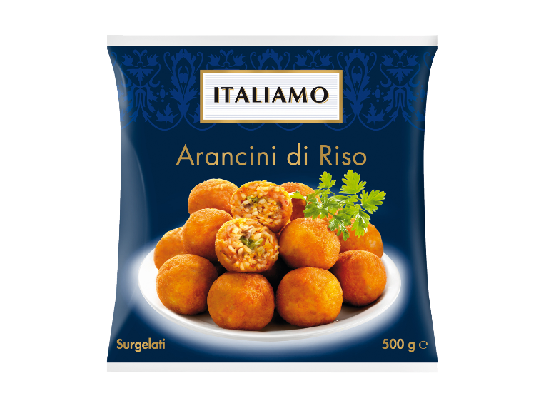 Packaging of frozen arancini di riso, featuring a plate of arancini and parsley.