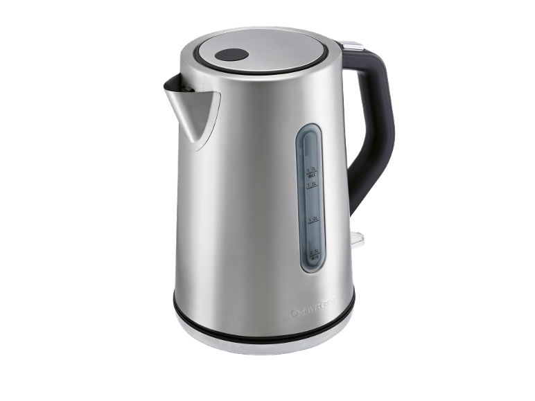 Stainless steel electric kettle with water level indicator and black handle