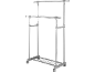 Silver clothes rack with two hanging bars and wheels.