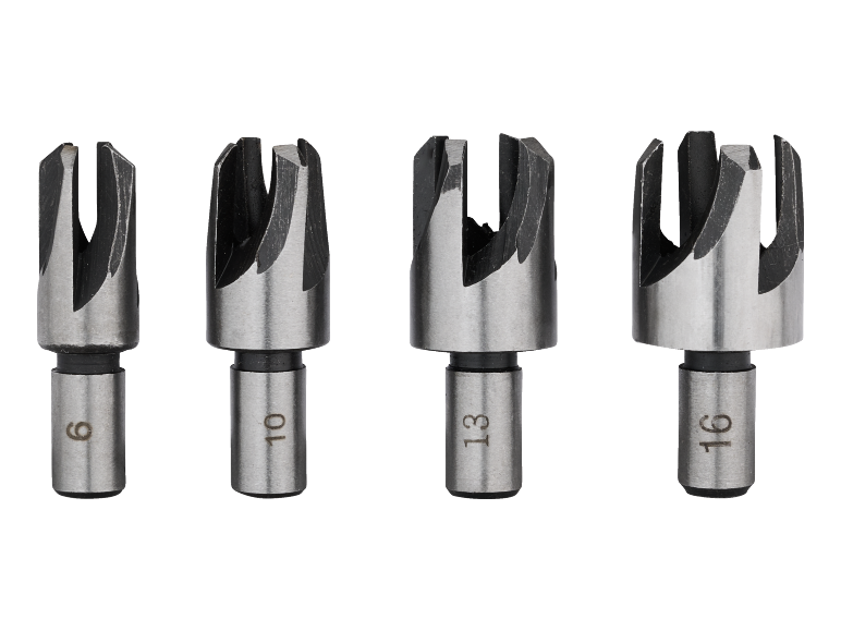 Set of four wood plug cutters, sizes 6, 10, 13, and 16 mm.