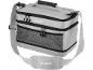 Grey portable cooler bag with two sections, black zippers, and a mesh pocket.