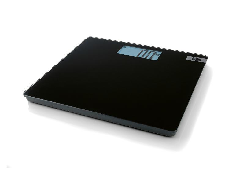 Black digital bathroom scale with a display and a speaker icon.