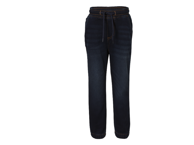 Kids' dark blue denim jogger jeans with a drawstring and contrasting stitching.