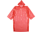 Red disposable rain poncho with a hood.