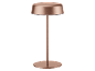 Copper-colored table lamp with a round base and shade