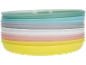 Stack of pastel-colored plastic plates, including green, blue, grey, white, pink, and yellow.