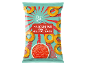 Bag of ketchup-flavored snack rings, with a bowl of sauce and a striped background.