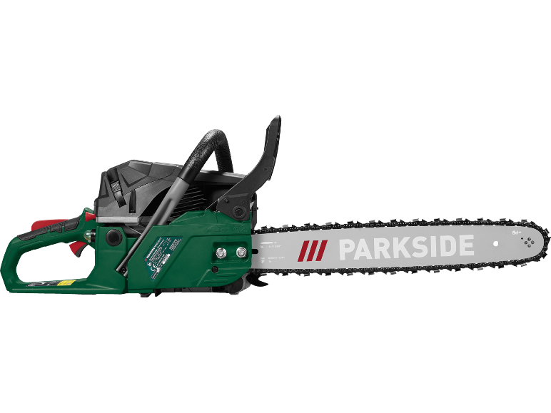Green and black petrol chainsaw with bar and chain, featuring 'PARKSIDE' text on the bar.
