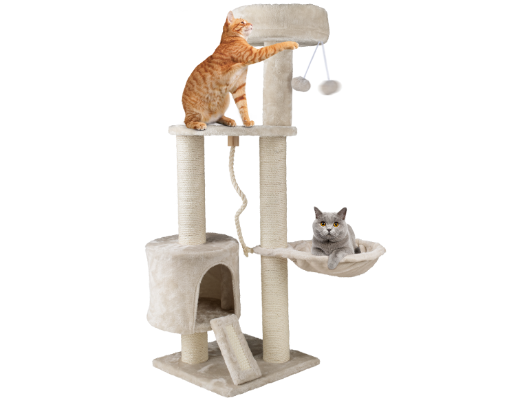 Cat tree with scratching post, house, hammock, and toys, featuring two cats.