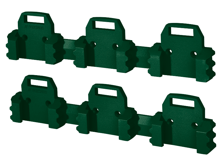 Two rows of green wall-mounted tool holders, each with three holders.