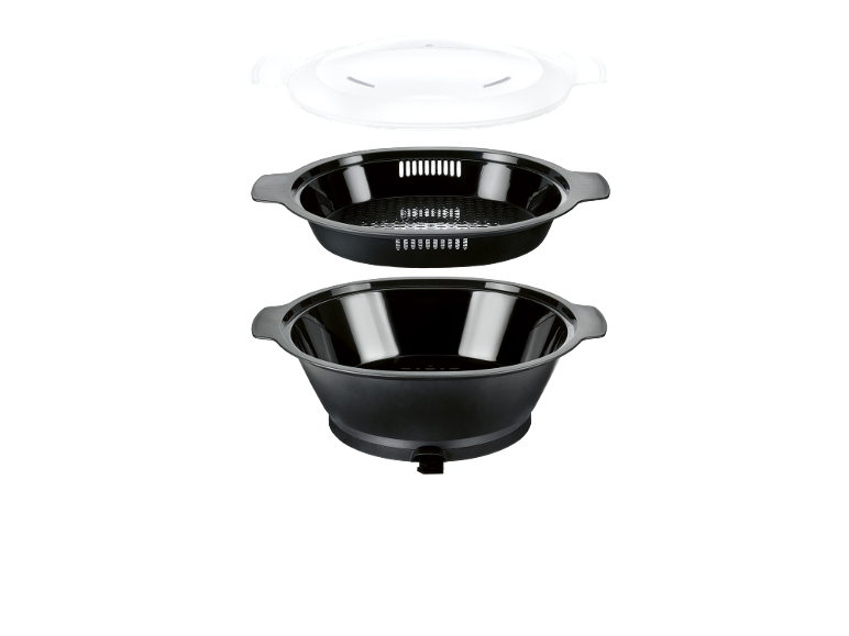 Disassembled black and white steamer with lid, colander, and bowl.