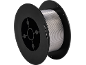 Silver metallic welding wire spool on a black background.