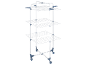Three-tier vertical clothes drying rack with wheels, in white and grey.