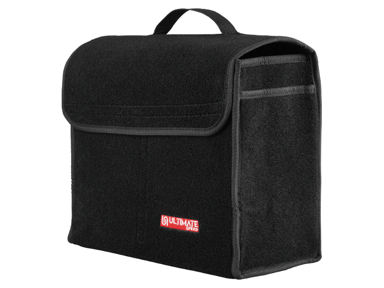 Black felt car storage bag with a red logo.