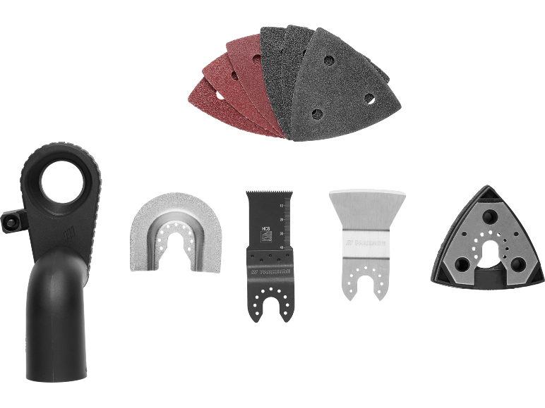 Set of sanding papers and blades for a multi-tool, including a dust extraction attachment.