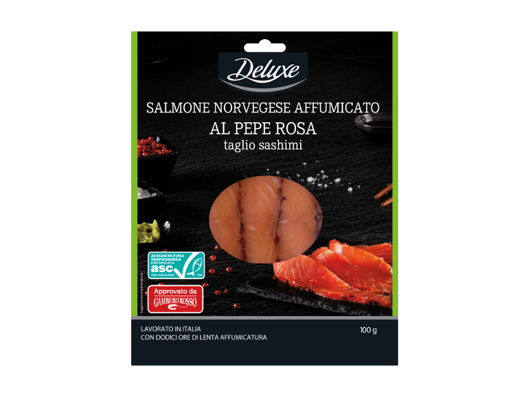 Smoked Norwegian salmon with pink pepper, sashimi cut, 100g packaging.