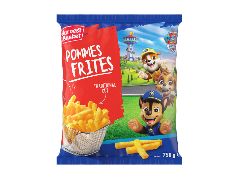 Frozen french fries packaging with cartoon characters and a weight of 750 g.