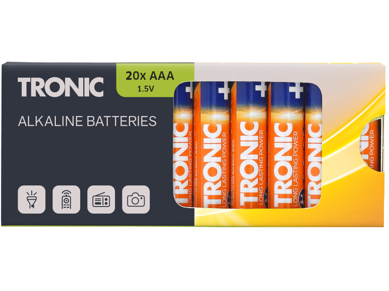Pack of 20 AAA 1.5V alkaline batteries with an orange and blue design.