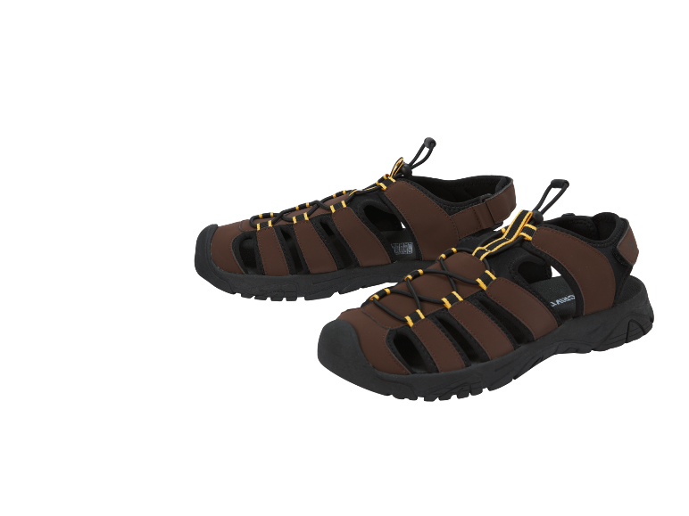 A pair of brown and black men's sandals with yellow laces.