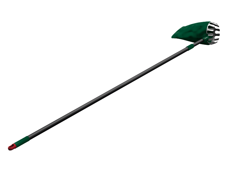 Long-handled fruit picker with a green bag and metal prongs.