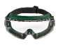 Safety goggles with a green frame and a black elastic strap.