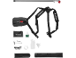 Set of brush cutter harness, tools, safety glasses, and liquid containers.