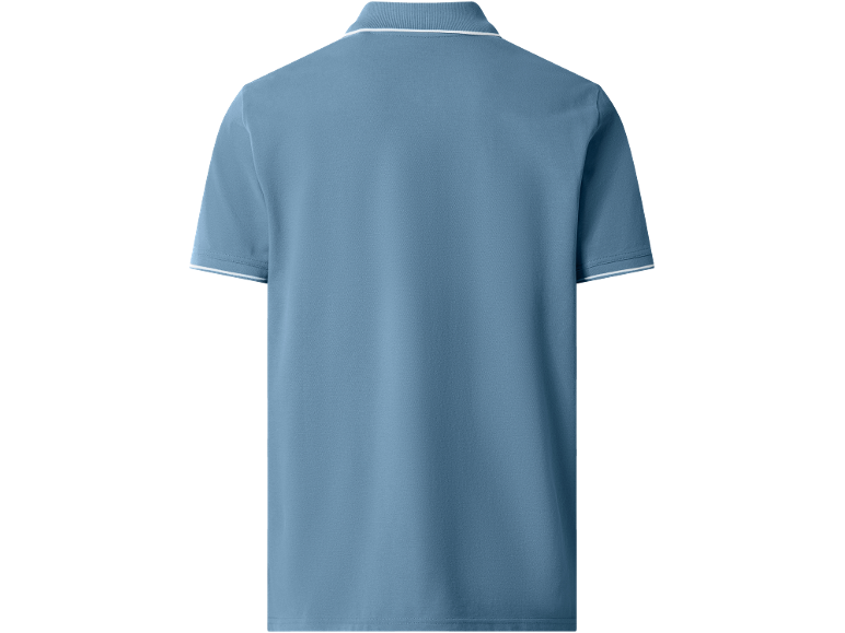 Men's blue short-sleeved polo shirt with white stripes on collar and sleeves, back view.