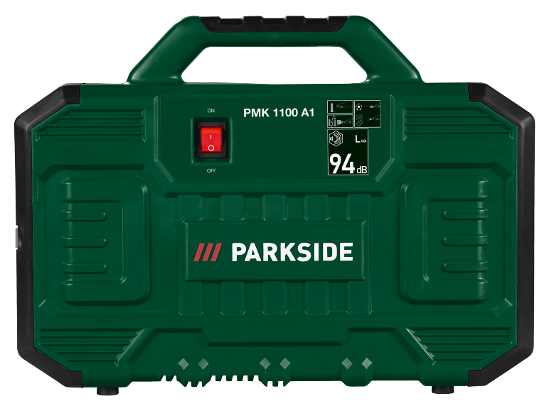 Green compressor with an on/off switch and a 94 dB noise level.