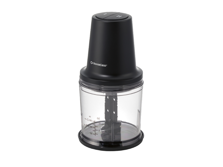 Black and clear food chopper with two speed settings and measurement markings.
