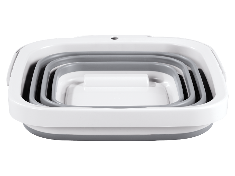 White and grey collapsible plastic bucket, stacked and compact.