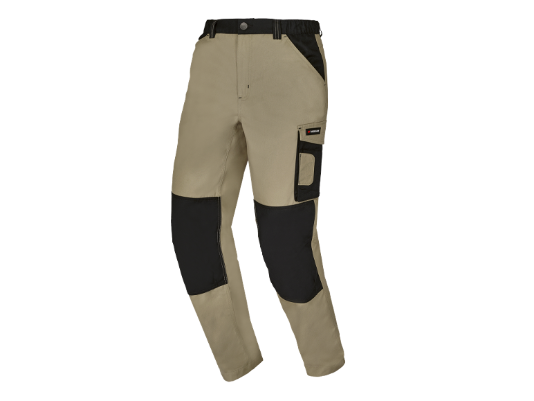 Beige work trousers with black reinforcements on the knees and pockets.