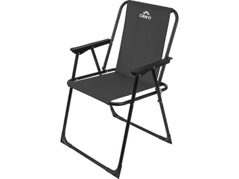 Grey folding camping chair with a black metal frame.