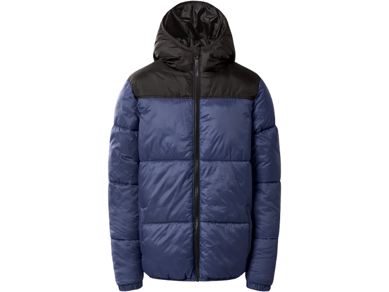 Blue and black puffer jacket with hood and front zipper.